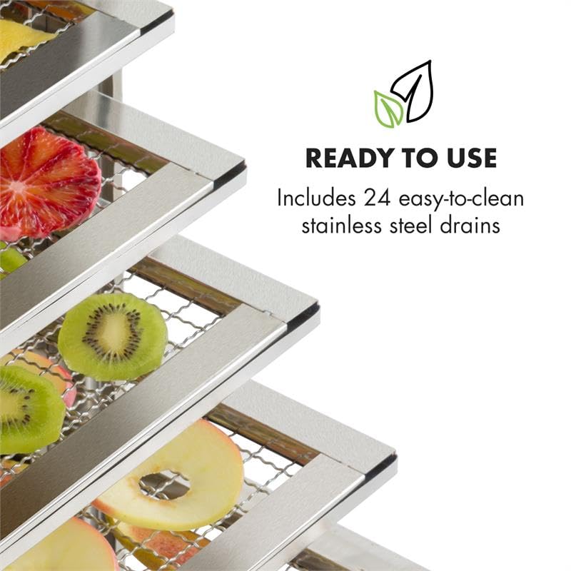 Klarstein Dörrautomat Edelstahl – 4.000-W-Dörrgerät, 48 Edelstahl-Einlegeböden, 30–90 °C, 24-Stunden-Timer, 6 Ventilatoren, 2 Trockenkammern, 50–55 dB, ideal für Obst, Gemüse, Fleisch, Kräuter, Silber