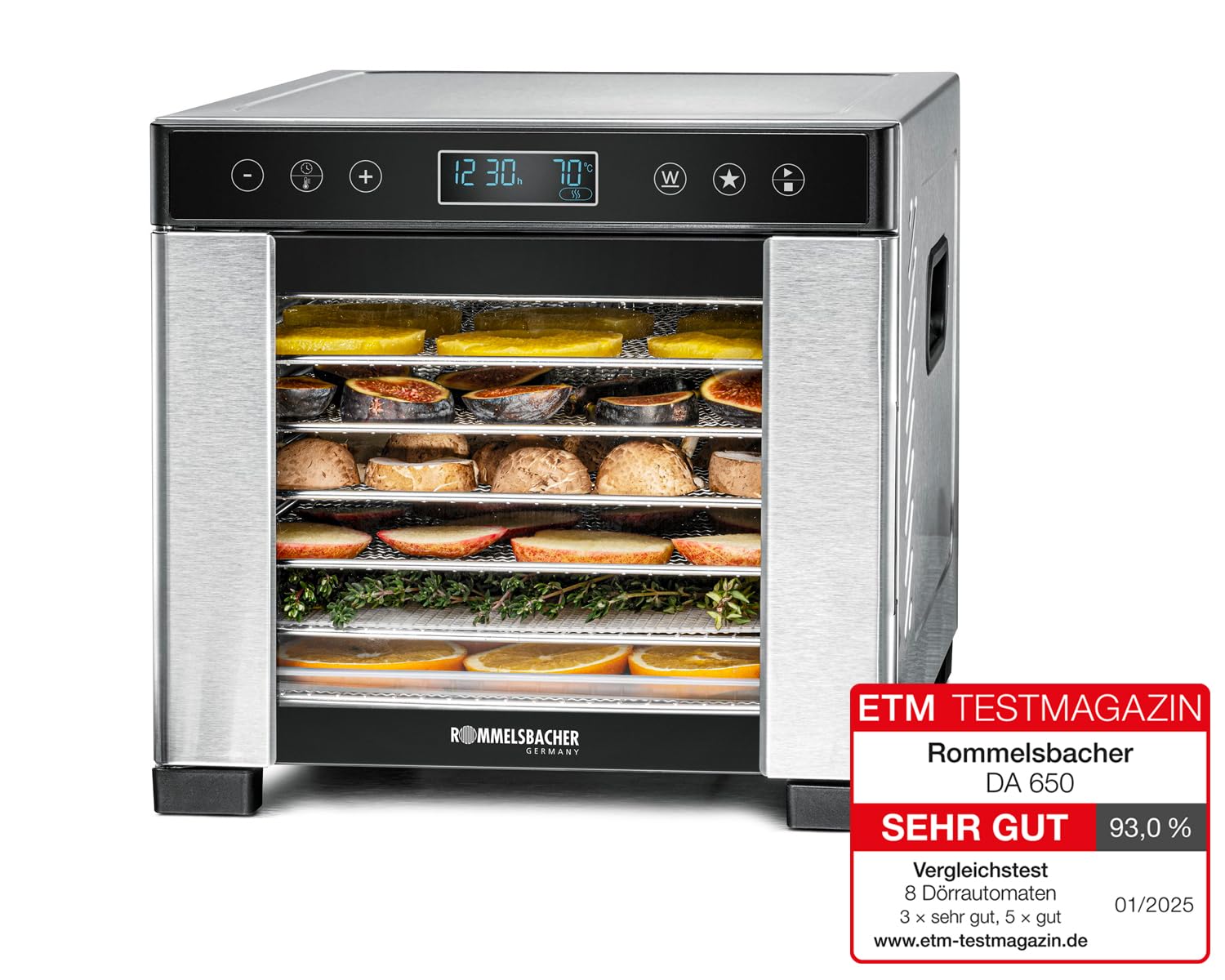 ROMMELSBACHER Dörrautomat DA 1000, XXL-Dörrfläche 1,6 m², inkl. 10 Edelstahl-Dörrtabletts, 2 Dörrgitter, 2 Dörrmatten, LED-Display, 24 Std. Zeitschaltuhr, Temperatur einstellbar (35 °C – 75 °C)