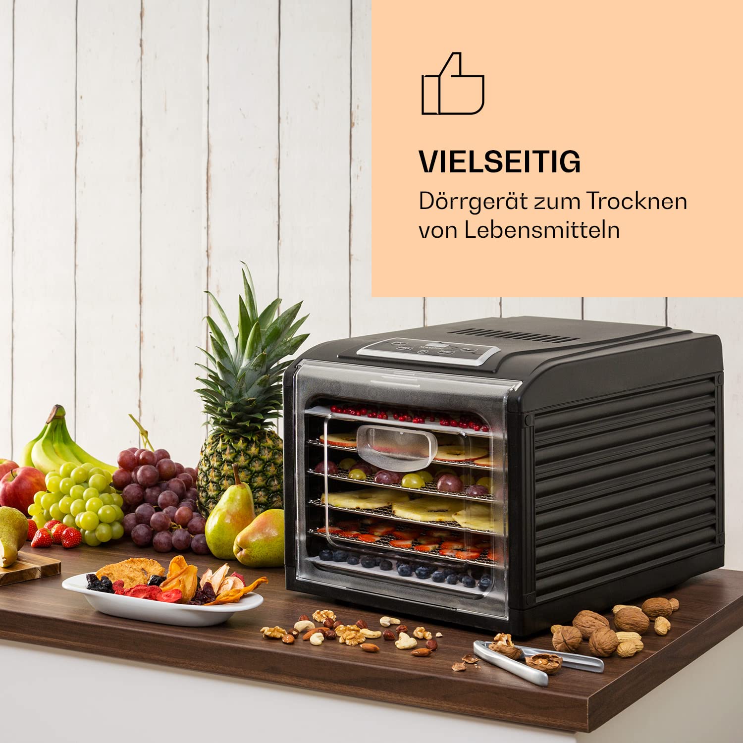 Klarstein Dörrautomat, Dörrgerät, Food Dehydrator, Dörrautomat aus Metall, Dehydrator Food Dryer, 9 Ablagen, 700 Watt, Touch-Display, Timer, Edelstahlheizelement, HotAir Circulation System, Schwarz